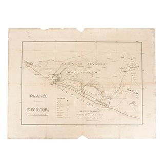 Orozco, Ricardo. Proyecto de Saneamiento para el Puerto del Manzanillo. Plano de una Parte del Estado de Colima. Méx, 1884.17.5x25.3"(44.5x 64.5cm)