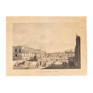 Brambila, Fernando - Espejo, J. Vista de la Plaza Mayor de Méjico. Siglo XIX. Ink and watercolor on paper, 14 x 20.6" (35.8 X 52.5 cm)