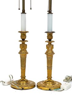 PAIR, 19TH C. FRENCH BRONZE EMPIRE TABLE LAMPS