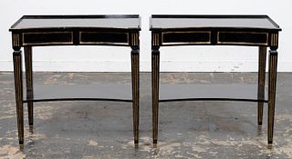 PAIR TWO DRAWER BLACK LACQUER SIDE TABLES, 20TH C.