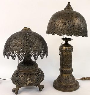 TWO MOROCCAN STYLE PIERCED BRASS TABLE LAMPS
