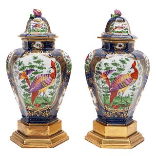 PAIR ROYAL WORCESTER STYLE CHINOISERIE LIDDED URNS