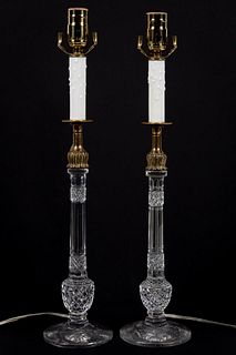 PAIR, ENGLISH CUT GLASS CANDLESTICKS AS LAMPS
