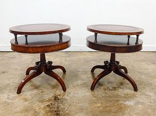 PAIR, MAHOGANY & LEATHER TOPPED DRUM TABLES