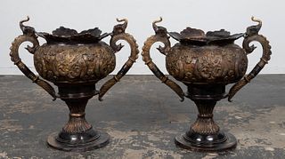 PAIR, LARGE BRONZE INDO-PERSIAN STYLE GARDEN URNS