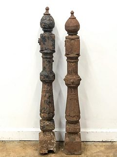 PAIR, WEATHERED CAST IRON GARDEN FENCE POSTS