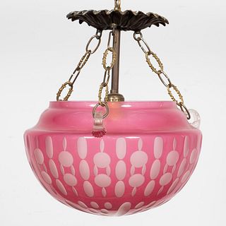 E. 20TH C. CRANBERRY ETCHED GLASS HANGING LAMP