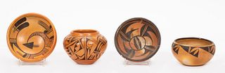 FOUR TAN NATIVE AMERICAN POTTERY VESSELS
