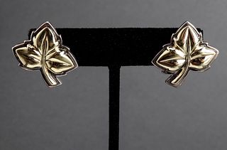 18K & 14K Yellow Gold & Silver Leaf Motif Earrings