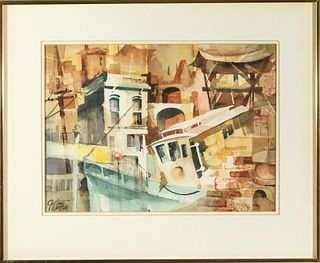 Gustave Wander Cubist Style Town Scene Watercolor