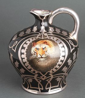 American Porcelain Pitcher w Lion & Silver Overlay