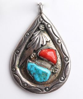 Navajo Indian Silver Turquoise & Coral Pendant