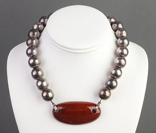Mid-Century Silver Beaded Necklace w Red Jasper