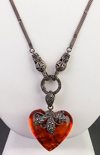 Sterling Silver, Marcasite, & Amber Heart Necklace