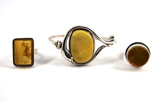 Silver & Baltic Amber Rings & Bangle Bracelet, 3