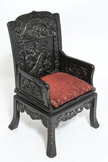 Chinese Ebonized Side Chair / Armchair w Dragons