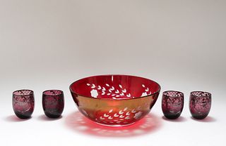 Cranberry Glass Bowl & Cups, 5 Pieces