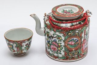 Chinese Famille Rose Teapot & Cup w Basket