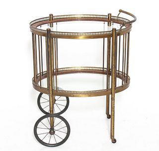 Two-Tier Brass & Wood Oval Rolling Tea Cart