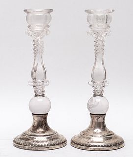 Modern Silver & Glass Candlesticks, Pair