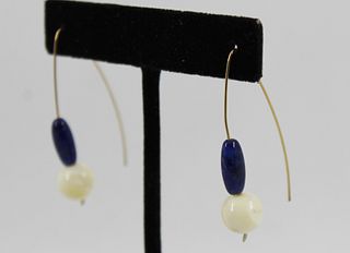 Gold Tone Lapis & Shell Wire Earrings