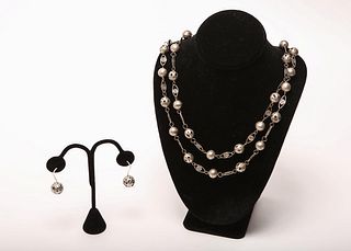 Silver Pierced Ball Rope Necklace & Earrings