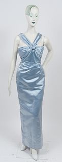 Bill Blass Blue Satin Halter Neck Evening Gown