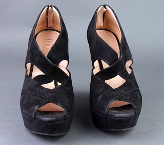Prada "Crisscross" Suede Wedge Heels, Size 38