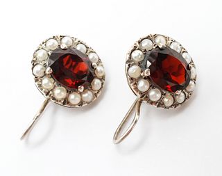 Sterling Silver w Garnets & Seed Pearls Earrings
