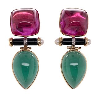 Pink Green Gemstone Drop Earrings 14k YGold