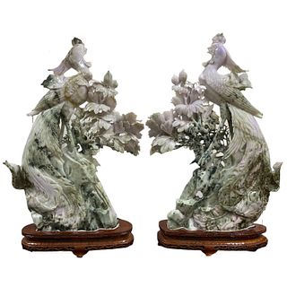 Pair Chinese Burma Jadiete Phonix Birds Sculpture