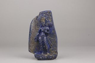 CHINESE LAPIS LAZULI HIGH RELIEF CARVED GUAN YIN
