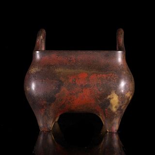 CHINESE BRONZE DING FOOTED & HANDLED CENSER