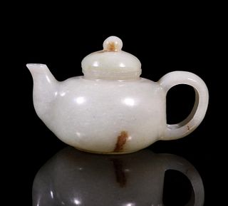 CHINESE CARVED WHITE JADE COVERED TEAPOT