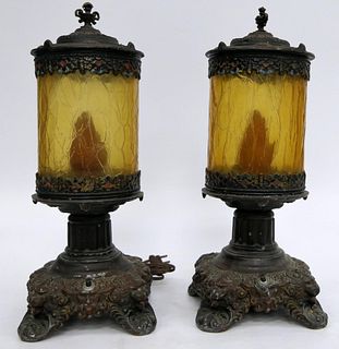 PAIR OF UNUSUAL DECO STYLE AMBER TABLE LAMPS