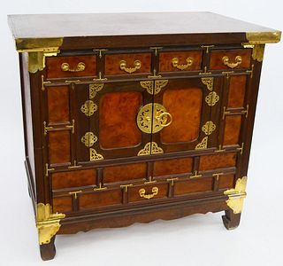 Vtg CHINESE GILT METAL MOUNTED BURL CABINET TABLE