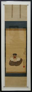 JAPANESE TATEMONO WATERCOLOR ON SILK OF MAN w EGG