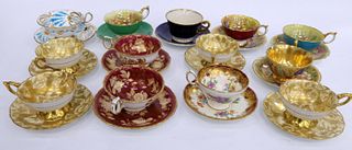 GROUP OF 13 ENGLISH HAND PAINTED CUPS & SAUCERS