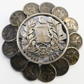ANTIQUE GUATEMALIAN COIN SILVER 19TH CENTURY PIN