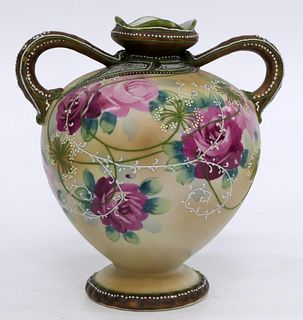 ANTIQUE NIPPON HAND PAINTED DOUBLE HANDLED VASE