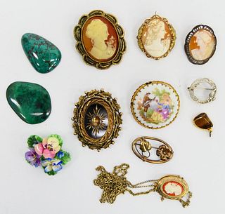 LOT OF VINTAGE COSTUME CAMEOS BROOCHES AND PINS