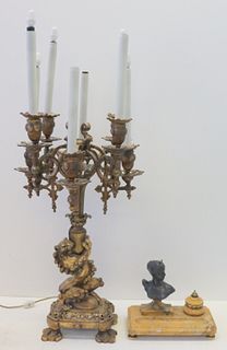 Antique Bronze Asian Style Candlebra Together With
