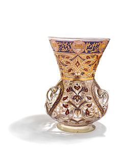 A French Mamluk Revival Style Enameled Glass Mosque Lamp 