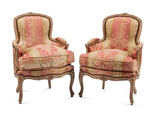 A Pair of Louis XV Silk-Upholstered and Painted Bergeres
Height 36 x width 26 x depth 19 inches.