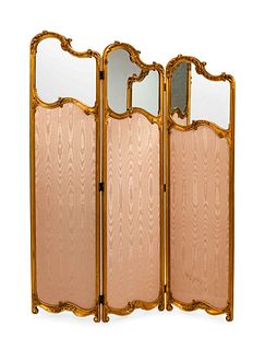 A Louis XV Style Giltwood And Mirrored Glass Three-Fold Floor Screen
Height 75 x width of each panel 21 inches.