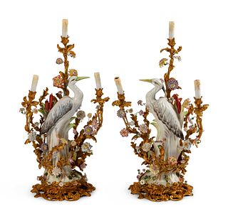 A Pair of Louis XV Style Gilt-Bronze and Porcelain Three-Light Candelabra
Height 35 x width 18 x depth 12 inches.