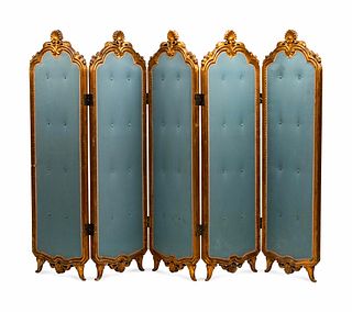 A Louis XV Style Giltwood Five-Fold Floor Screen
Height 65 x width of each panel 19 1/2 inches.