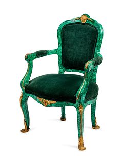 A Louis XV Style Gilt-Bronze-Mounted Malachite-Veneered Fauteuil en Cabriolet
Height 40 x width 26 x depth 18 inches.