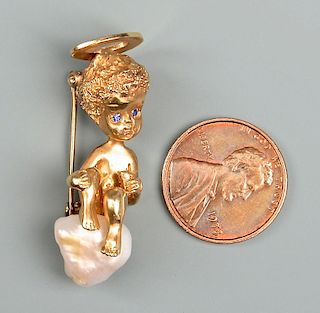 Ruser 14K yellow gold cherub pin with pearl