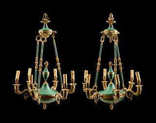 A Pair of Empire Style Six-Light Chandeliers
Height 34 x diameter 24 inches.
